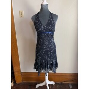 Vintage Y2K Midi Sparkle Navy Halter Dress. Festival Handkerchief Hem Ruffle